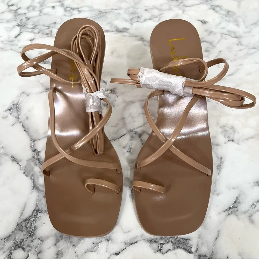 NWOT Lulus Hildain Light Nude and Pink Patent Lace-Up High Heel Sandals
